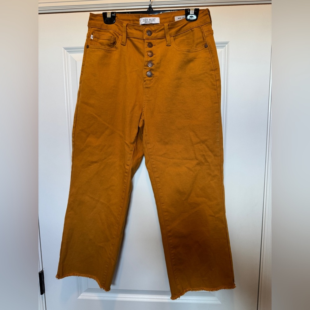 Judy Blue Jeans High Waist Wide Leg Crop Button Fly 11/30 Mustard Raw Hem